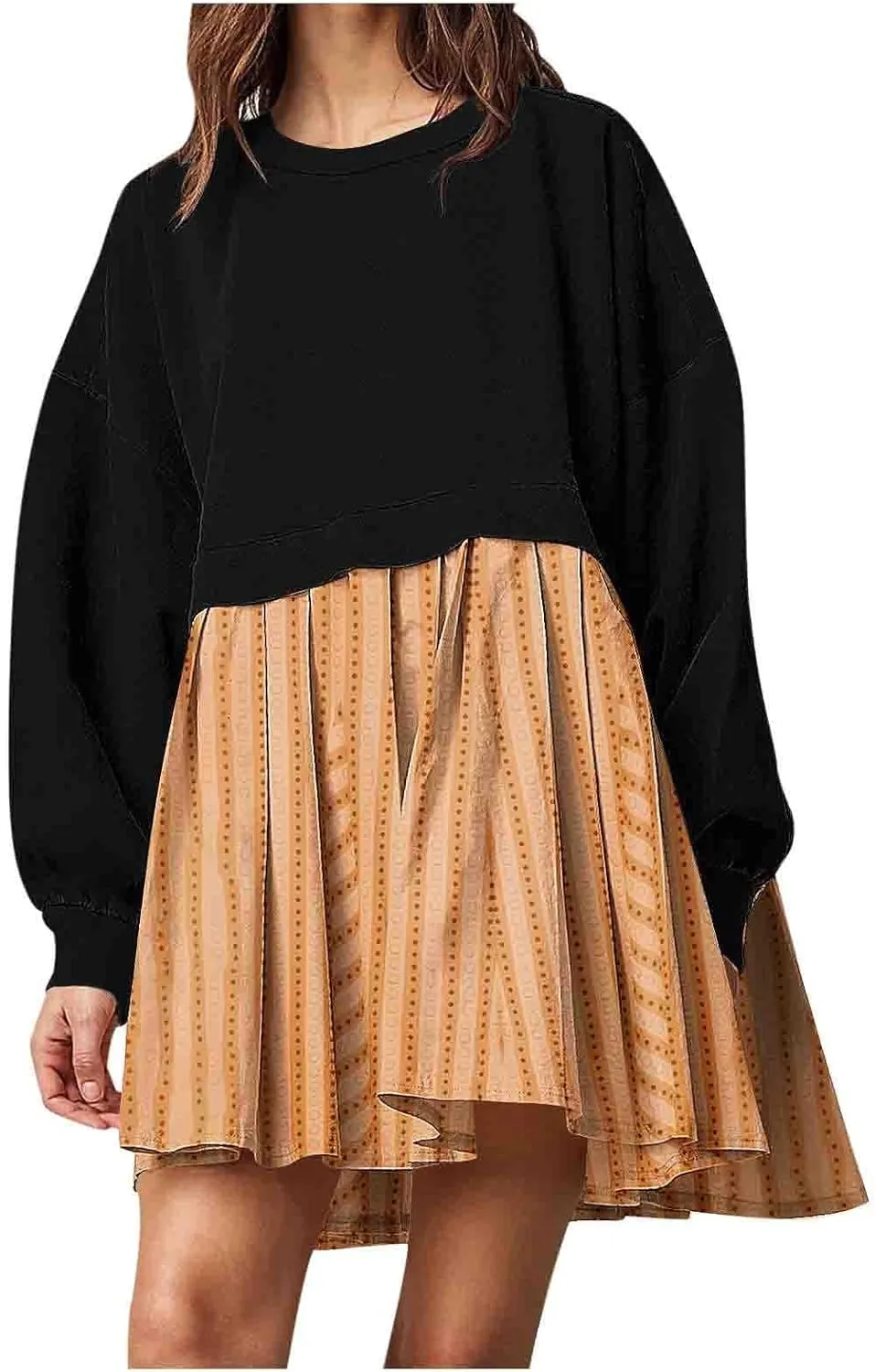 Sweatshirts Dresses for Women Crewneck Long Sleeve Patchwork Mini Dress Funny Print Graphic Shirt Loose Pullover Tops