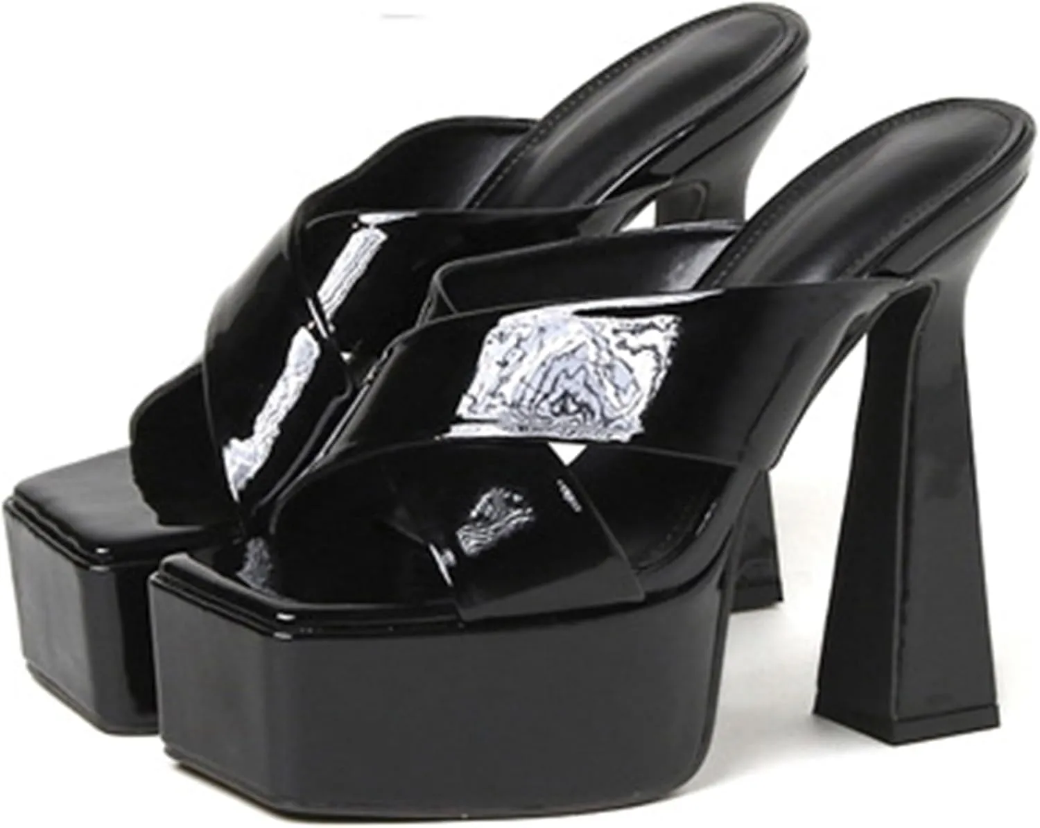 TDA Womens Chunky Block High Heels Square Toe Platform Mules Sandals