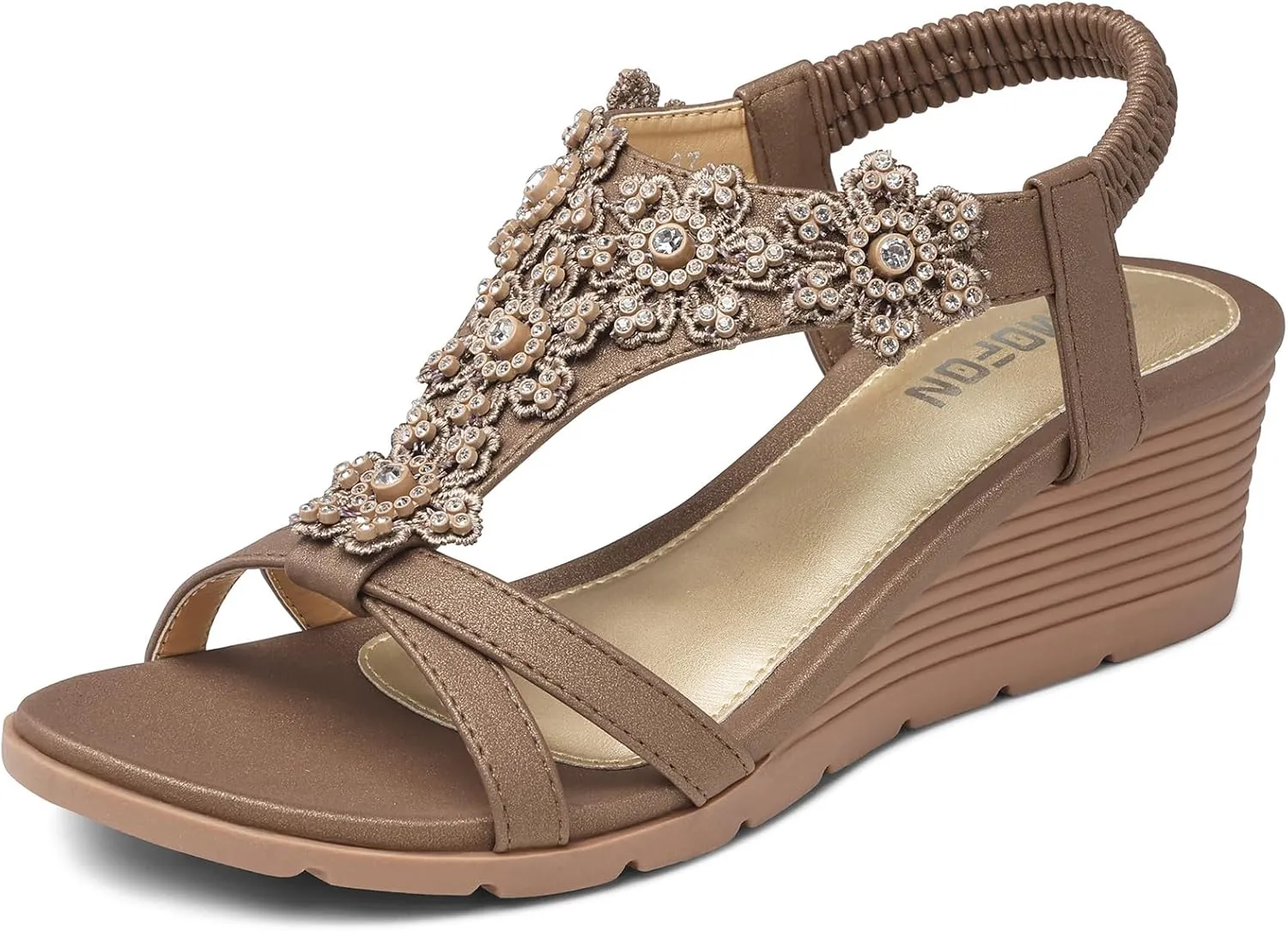 TEMOFON Women's Low Wedge Heels Summer Dressy Platform Sandals Elastic Ankle Strap Open Toe Flower Shoes