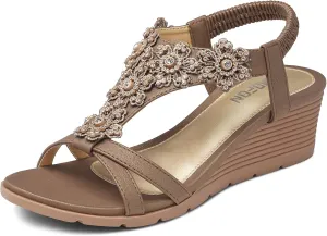 TEMOFON Women's Low Wedge Heels Summer Dressy Platform Sandals Elastic Ankle Strap Open Toe Flower Shoes