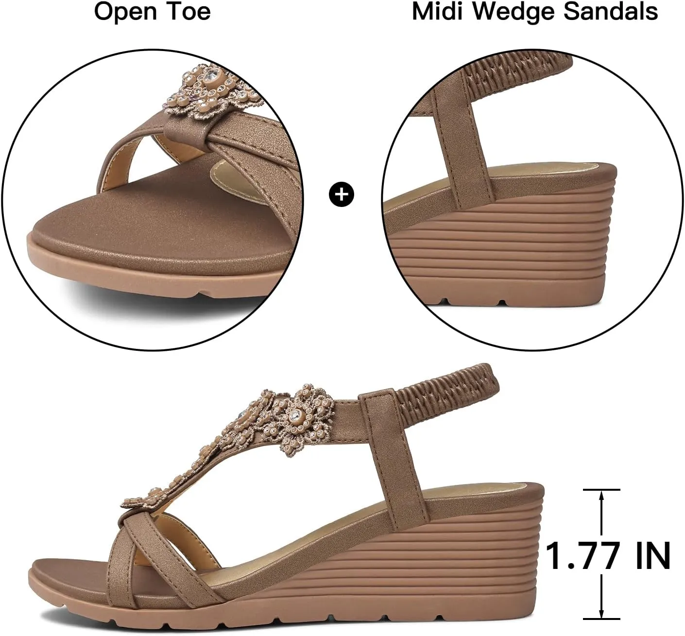 TEMOFON Women's Low Wedge Heels Summer Dressy Platform Sandals Elastic Ankle Strap Open Toe Flower Shoes