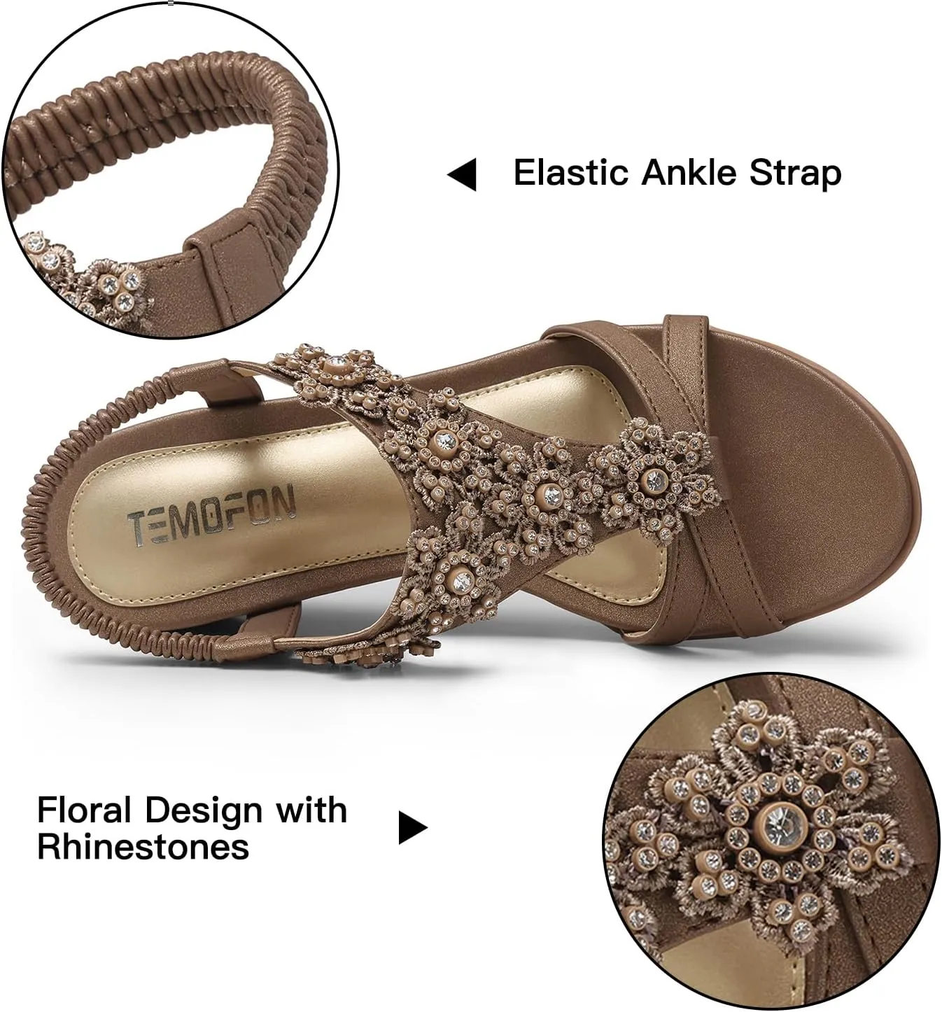 TEMOFON Women's Low Wedge Heels Summer Dressy Platform Sandals Elastic Ankle Strap Open Toe Flower Shoes