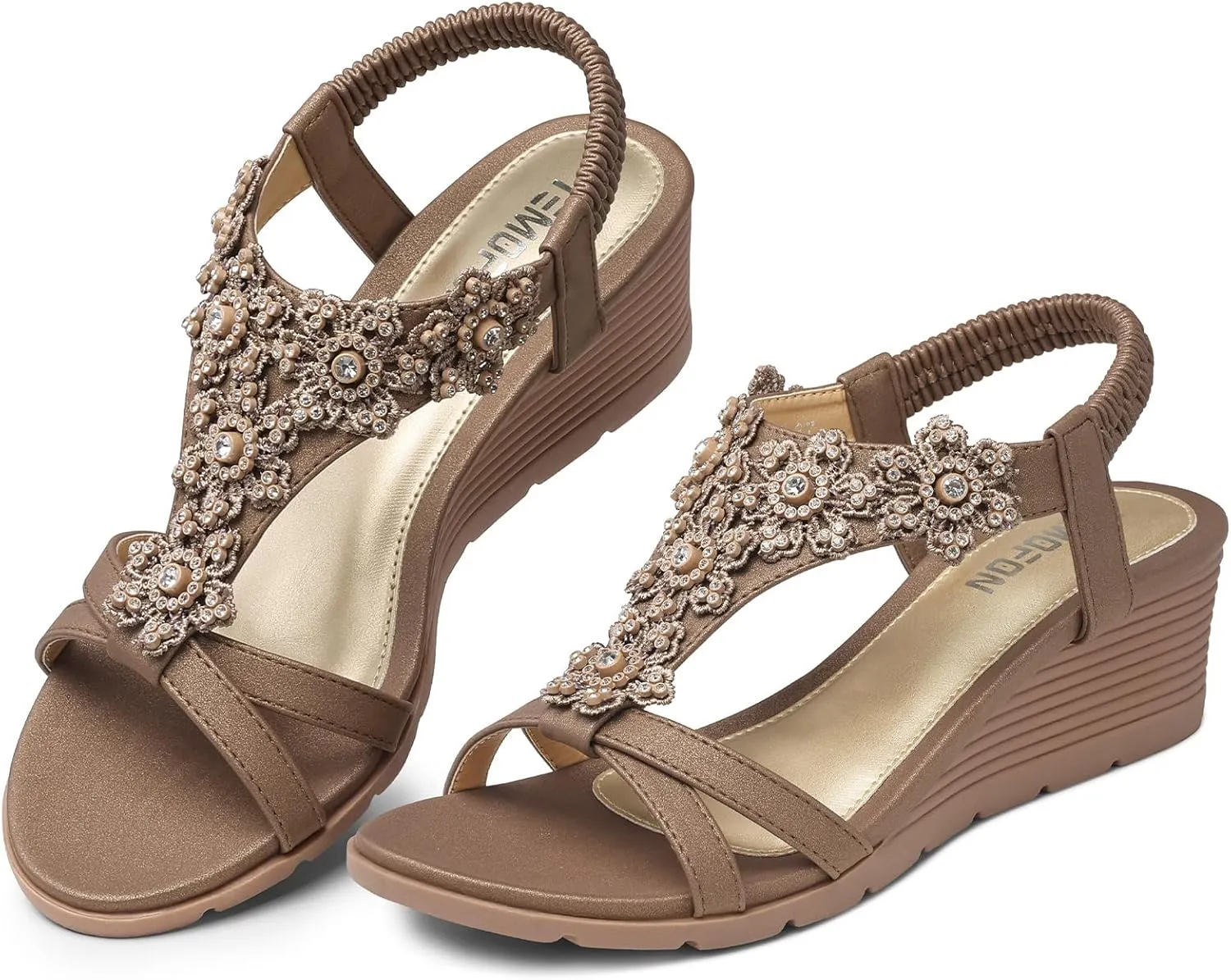 TEMOFON Women's Low Wedge Heels Summer Dressy Platform Sandals Elastic Ankle Strap Open Toe Flower Shoes