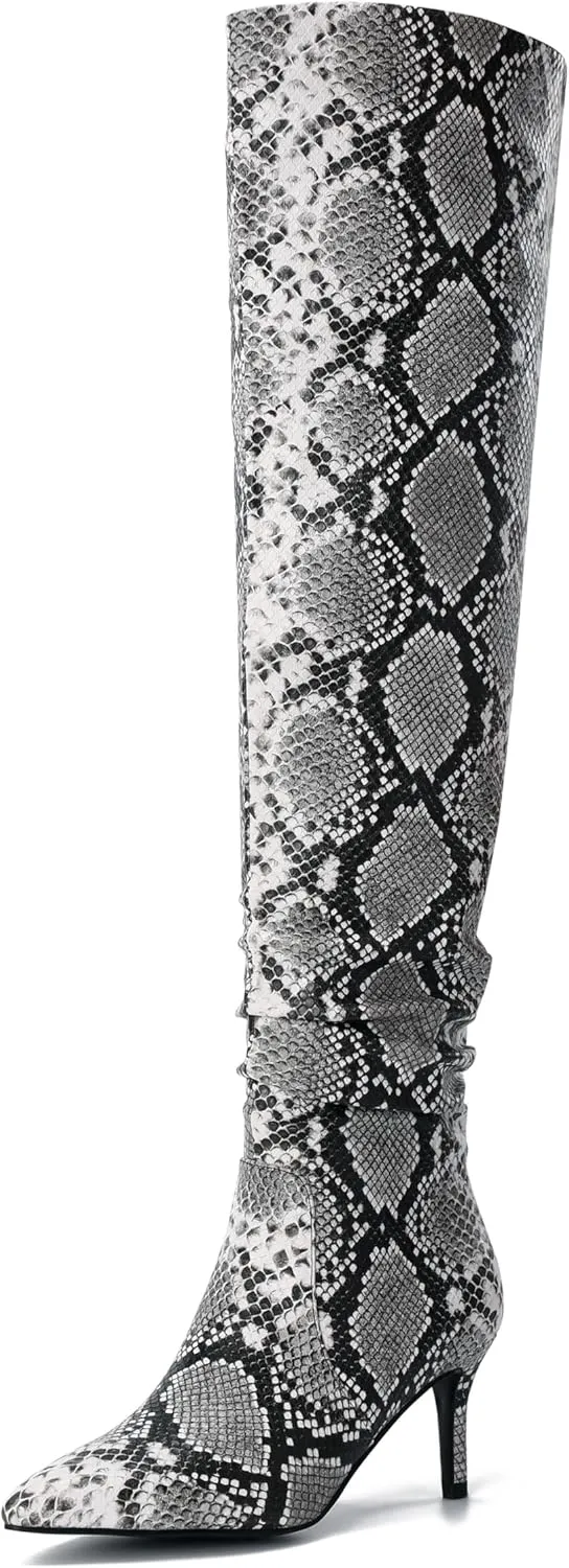 Thigh High Knee High Snake Boots for Women Slouchy Leg Stiletto Heel Pointed Toe Side Zipper Snake Print PU Leather Sexy Dress Long Boots