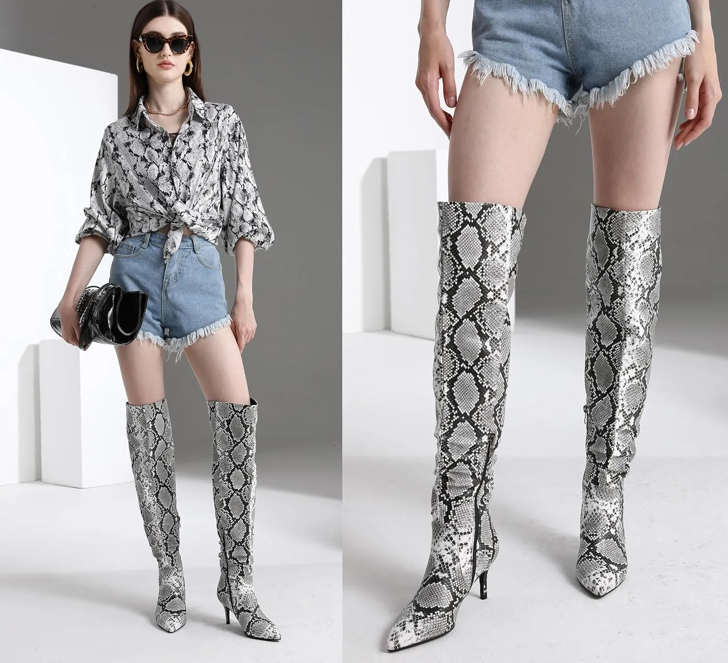 Thigh High Knee High Snake Boots for Women Slouchy Leg Stiletto Heel Pointed Toe Side Zipper Snake Print PU Leather Sexy Dress Long Boots