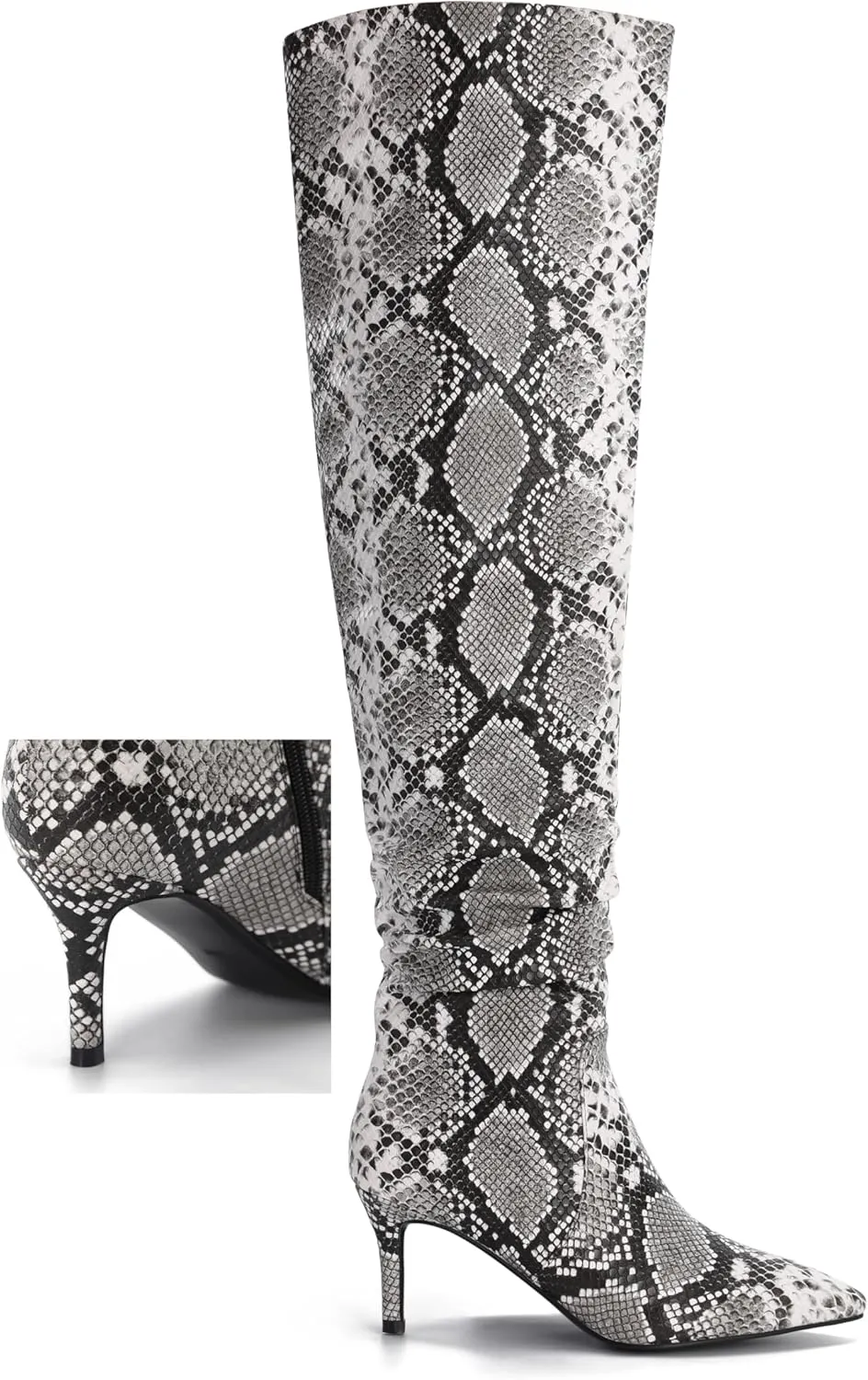Thigh High Knee High Snake Boots for Women Slouchy Leg Stiletto Heel Pointed Toe Side Zipper Snake Print PU Leather Sexy Dress Long Boots