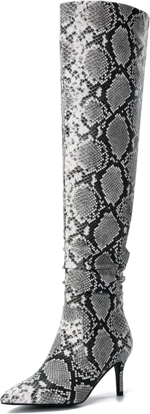 Thigh High Knee High Snake Boots for Women Slouchy Leg Stiletto Heel Pointed Toe Side Zipper Snake Print PU Leather Sexy Dress Long Boots