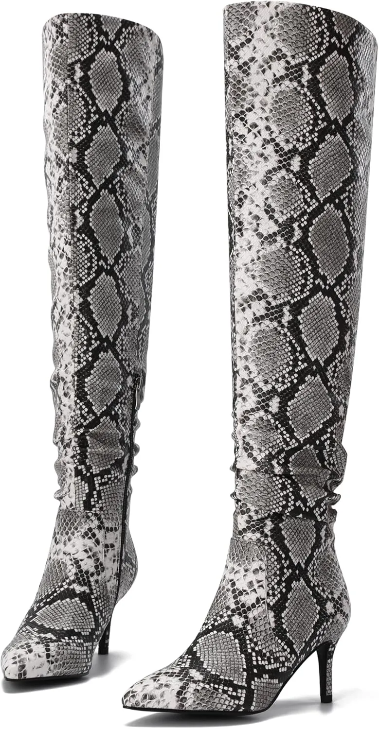 Thigh High Knee High Snake Boots for Women Slouchy Leg Stiletto Heel Pointed Toe Side Zipper Snake Print PU Leather Sexy Dress Long Boots