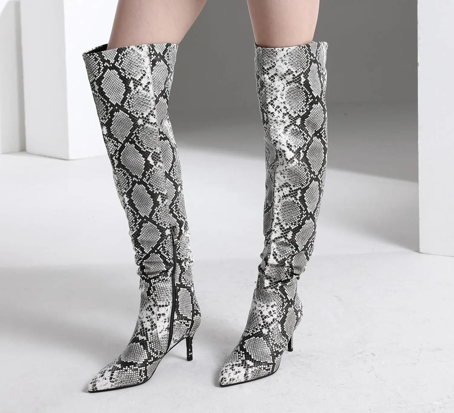 Thigh High Knee High Snake Boots for Women Slouchy Leg Stiletto Heel Pointed Toe Side Zipper Snake Print PU Leather Sexy Dress Long Boots