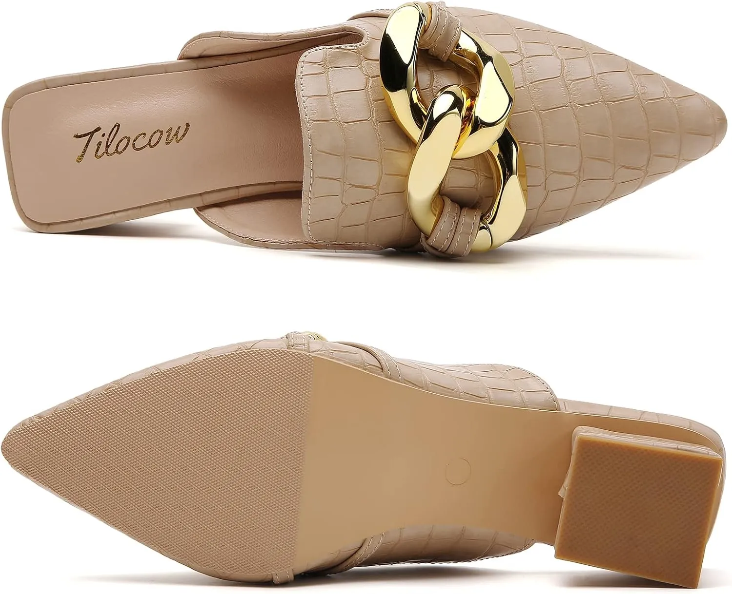Tilocow Chain Decor Mules Heels for Women Pointed Toe Heeled Sandals Women Chunky Heel Mules Womens Slide Shoes