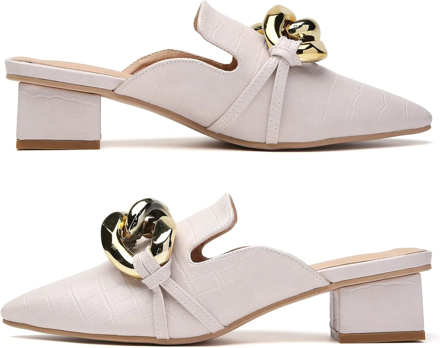 Tilocow Chain Decor Mules Heels for Women Pointed Toe Heeled Sandals Women Chunky Heel Mules Womens Slide Shoes