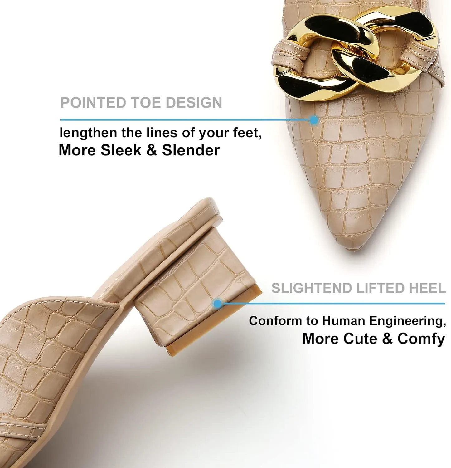 Tilocow Chain Decor Mules Heels for Women Pointed Toe Heeled Sandals Women Chunky Heel Mules Womens Slide Shoes