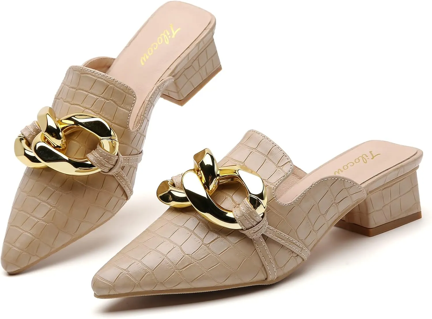 Tilocow Chain Decor Mules Heels for Women Pointed Toe Heeled Sandals Women Chunky Heel Mules Womens Slide Shoes