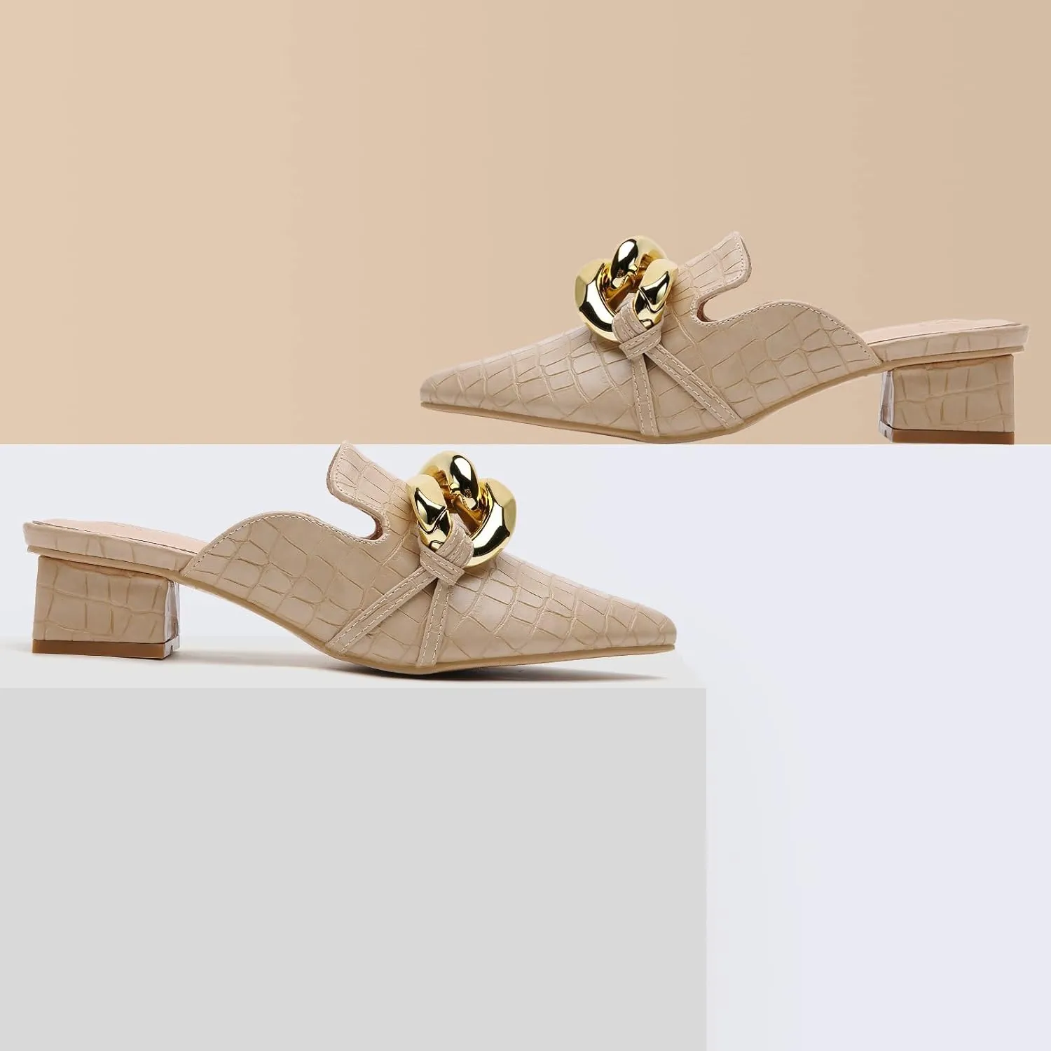 Tilocow Chain Decor Mules Heels for Women Pointed Toe Heeled Sandals Women Chunky Heel Mules Womens Slide Shoes