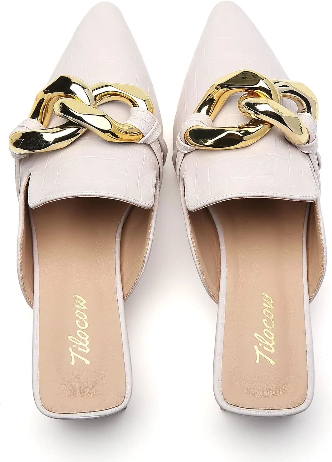 Tilocow Chain Decor Mules Heels for Women Pointed Toe Heeled Sandals Women Chunky Heel Mules Womens Slide Shoes
