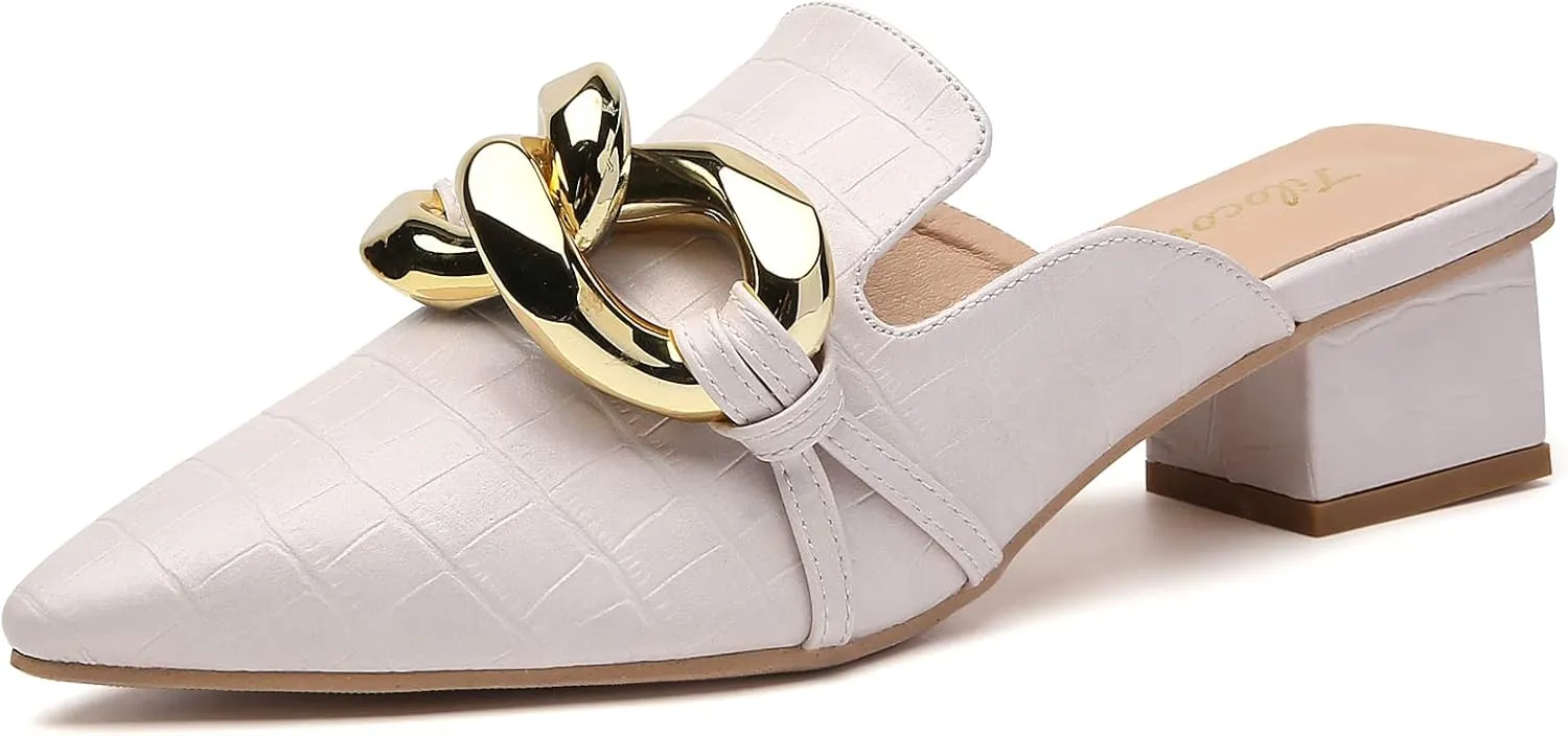 Tilocow Chain Decor Mules Heels for Women Pointed Toe Heeled Sandals Women Chunky Heel Mules Womens Slide Shoes