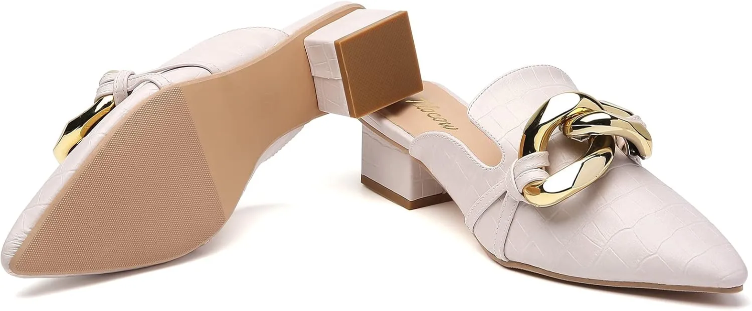Tilocow Chain Decor Mules Heels for Women Pointed Toe Heeled Sandals Women Chunky Heel Mules Womens Slide Shoes
