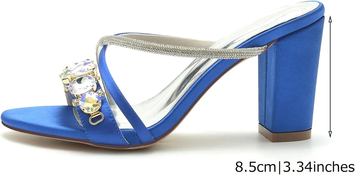 TNXZ Womens Wedding Shoes for Bride Bridesmaid Chunky Heel Open Toe Heels Dress Sandals Glitter Formal Slide Mules with Heel 8.5Cm