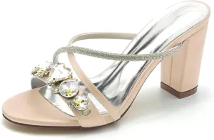 TNXZ Womens Wedding Shoes for Bride Bridesmaid Chunky Heel Open Toe Heels Dress Sandals Glitter Formal Slide Mules with Heel 8.5Cm