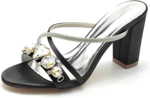 TNXZ Womens Wedding Shoes for Bride Bridesmaid Chunky Heel Open Toe Heels Dress Sandals Glitter Formal Slide Mules with Heel 8.5Cm