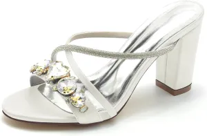 TNXZ Womens Wedding Shoes for Bride Bridesmaid Chunky Heel Open Toe Heels Dress Sandals Glitter Formal Slide Mules with Heel 8.5Cm