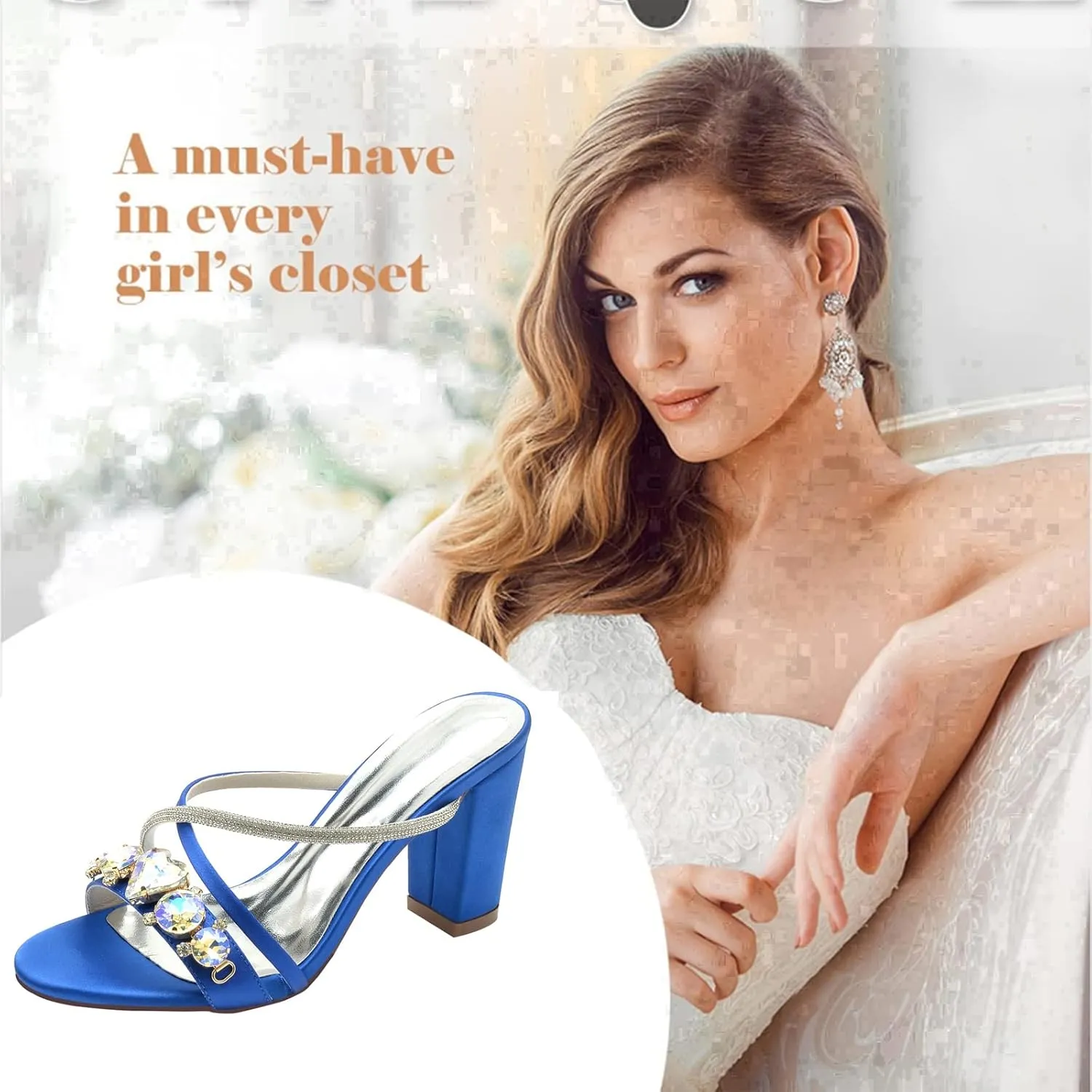 TNXZ Womens Wedding Shoes for Bride Bridesmaid Chunky Heel Open Toe Heels Dress Sandals Glitter Formal Slide Mules with Heel 8.5Cm