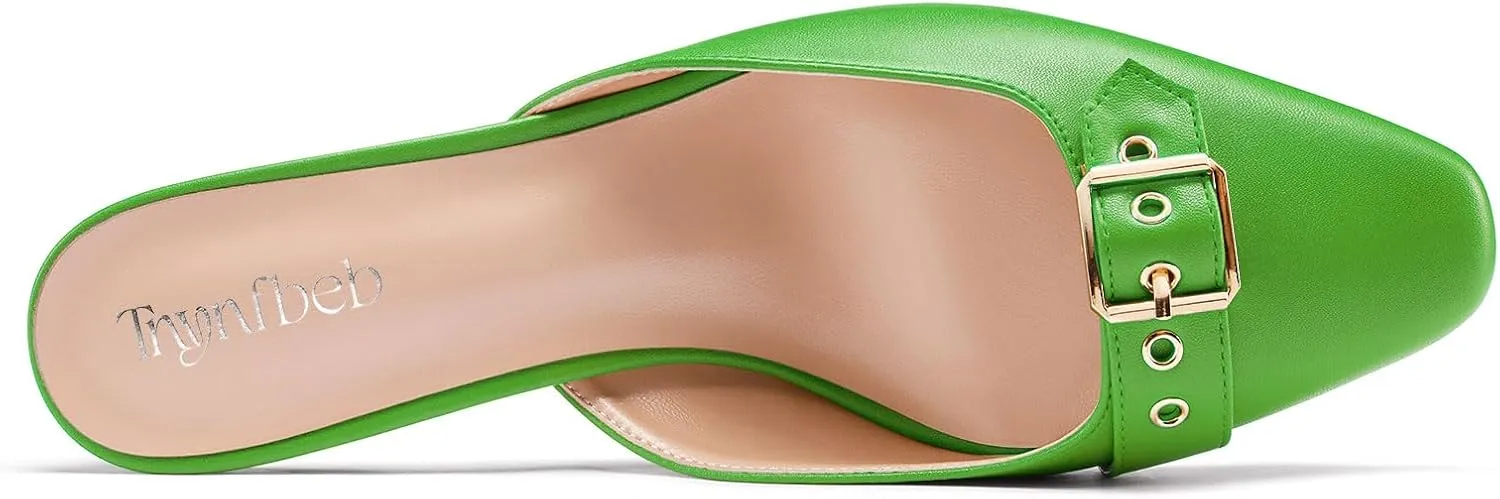 TNYNFBEB Womens Mid Heel Square Toe Pumps Mules Shoes Slingback Slip-on Buckle Prom Basic Classic 2.6 Inches Heels