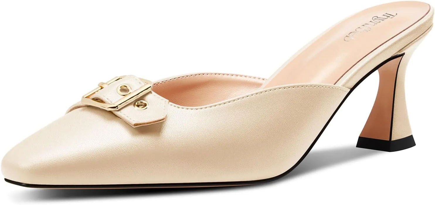 TNYNFBEB Womens Mid Heel Square Toe Pumps Mules Shoes Slingback Slip-on Buckle Prom Basic Classic 2.6 Inches Heels