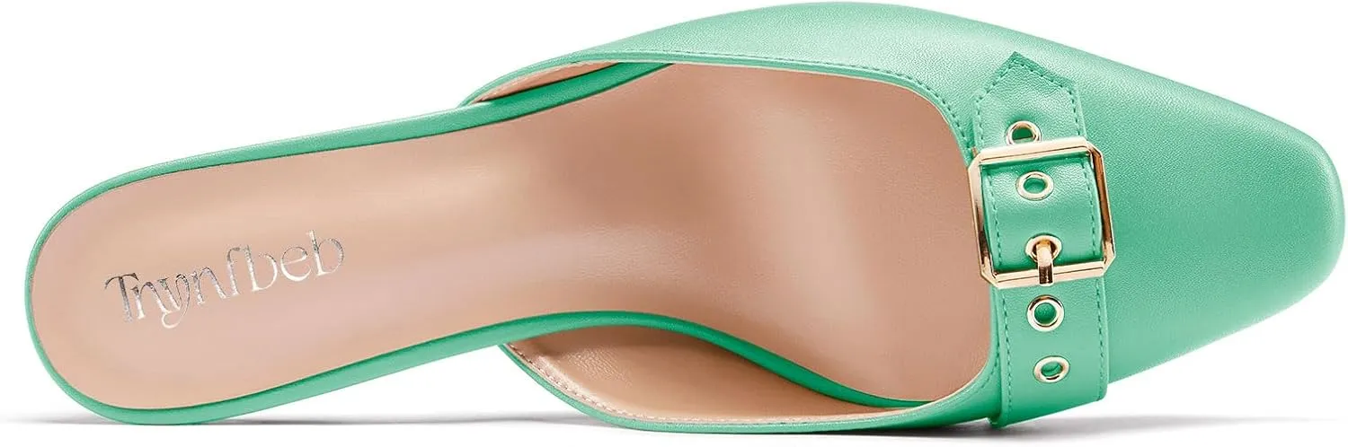 TNYNFBEB Womens Mid Heel Square Toe Pumps Mules Shoes Slingback Slip-on Buckle Prom Basic Classic 2.6 Inches Heels