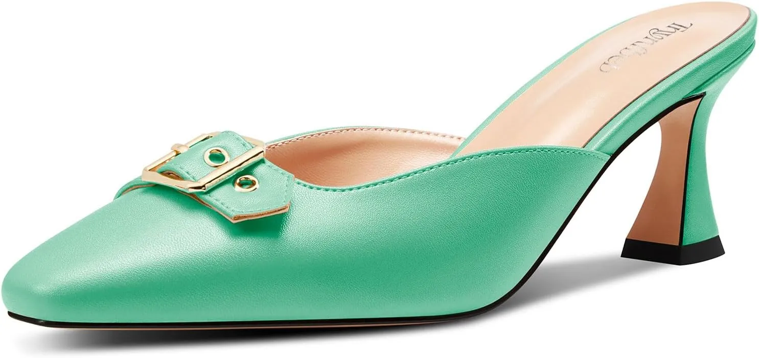 TNYNFBEB Womens Mid Heel Square Toe Pumps Mules Shoes Slingback Slip-on Buckle Prom Basic Classic 2.6 Inches Heels