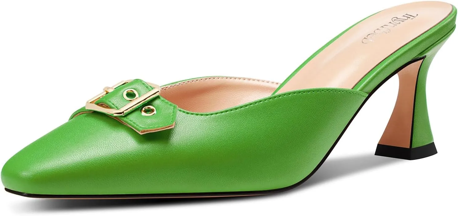 TNYNFBEB Womens Mid Heel Square Toe Pumps Mules Shoes Slingback Slip-on Buckle Prom Basic Classic 2.6 Inches Heels