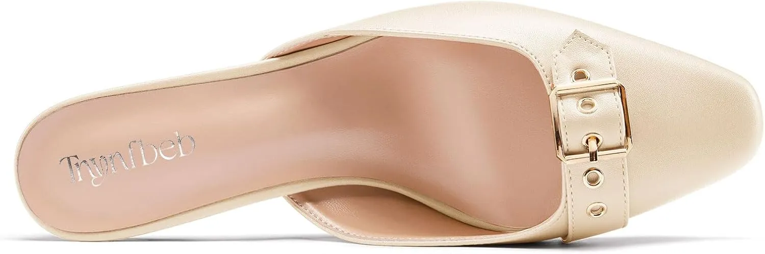TNYNFBEB Womens Mid Heel Square Toe Pumps Mules Shoes Slingback Slip-on Buckle Prom Basic Classic 2.6 Inches Heels