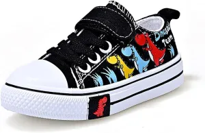 Toddler Boys Girls Slip On Canvas Sneakers Cartoon Dinasour Printed Little Kid Unisex Adjustable Strap Walking Shoes Lazy Shoes with Hook and Loops