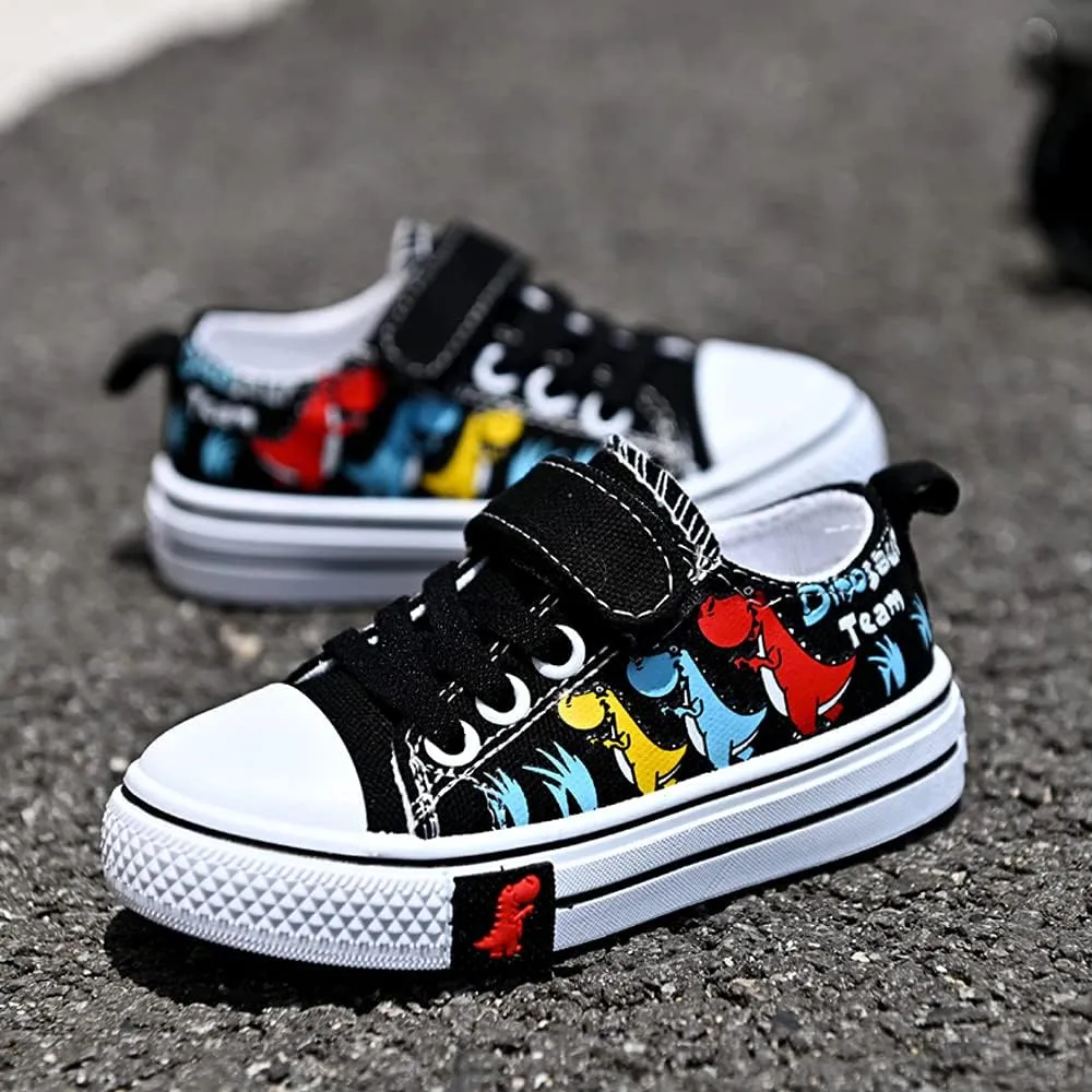 Toddler Boys Girls Slip On Canvas Sneakers Cartoon Dinasour Printed Little Kid Unisex Adjustable Strap Walking Shoes Lazy Shoes with Hook and Loops