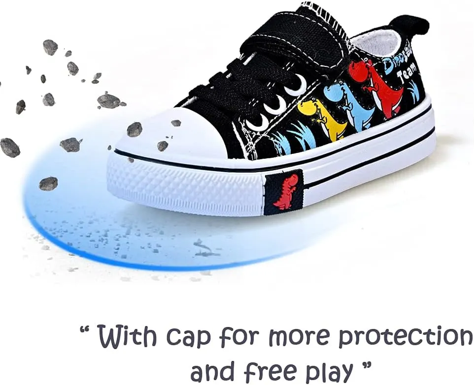 Toddler Boys Girls Slip On Canvas Sneakers Cartoon Dinasour Printed Little Kid Unisex Adjustable Strap Walking Shoes Lazy Shoes with Hook and Loops