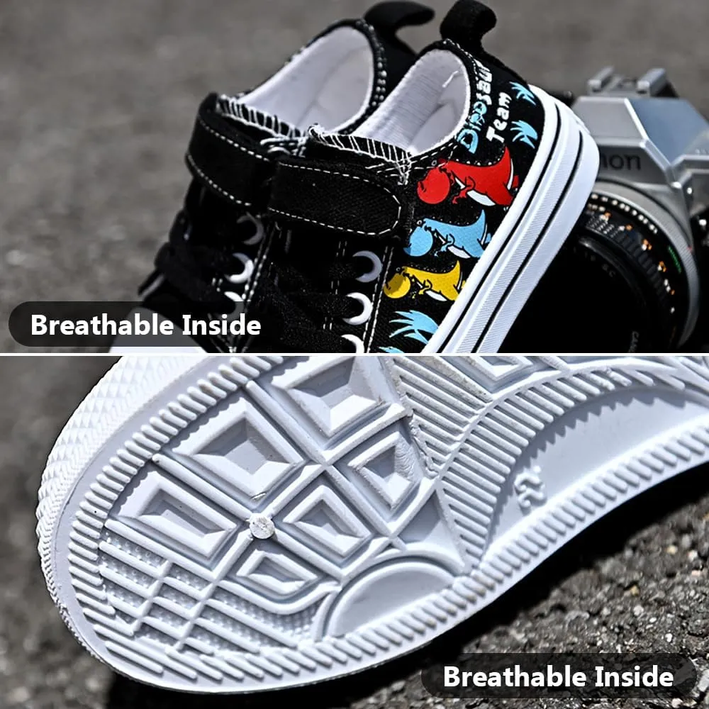 Toddler Boys Girls Slip On Canvas Sneakers Cartoon Dinasour Printed Little Kid Unisex Adjustable Strap Walking Shoes Lazy Shoes with Hook and Loops