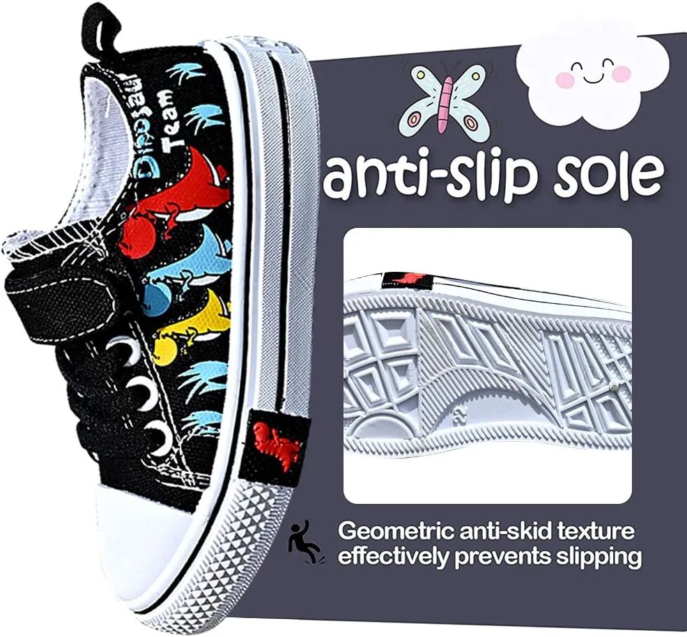 Toddler Boys Girls Slip On Canvas Sneakers Cartoon Dinasour Printed Little Kid Unisex Adjustable Strap Walking Shoes Lazy Shoes with Hook and Loops