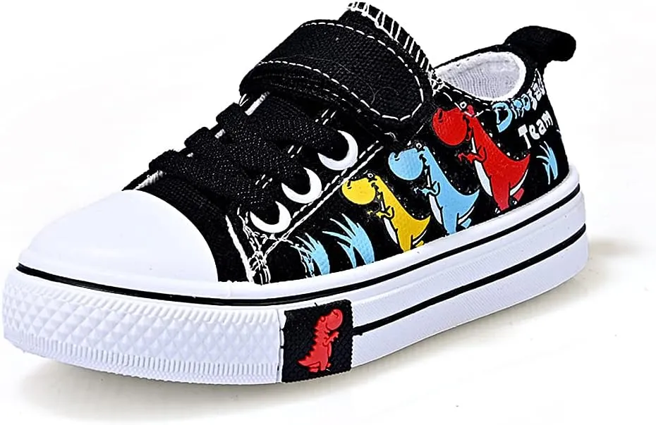 Toddler Boys Girls Slip On Canvas Sneakers Cartoon Dinasour Printed Little Kid Unisex Adjustable Strap Walking Shoes Lazy Shoes with Hook and Loops
