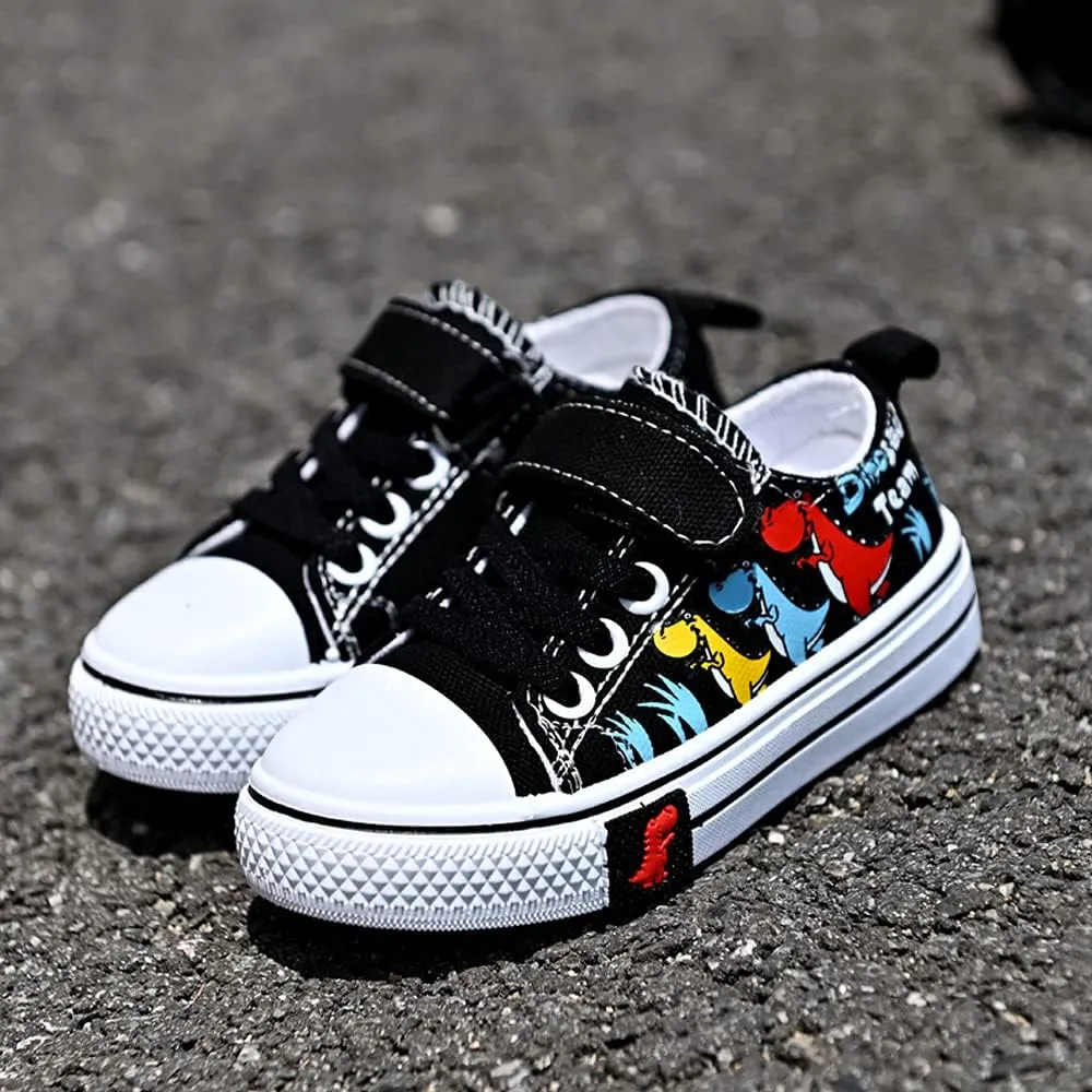 Toddler Boys Girls Slip On Canvas Sneakers Cartoon Dinasour Printed Little Kid Unisex Adjustable Strap Walking Shoes Lazy Shoes with Hook and Loops