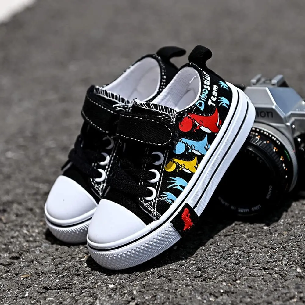 Toddler Boys Girls Slip On Canvas Sneakers Cartoon Dinasour Printed Little Kid Unisex Adjustable Strap Walking Shoes Lazy Shoes with Hook and Loops