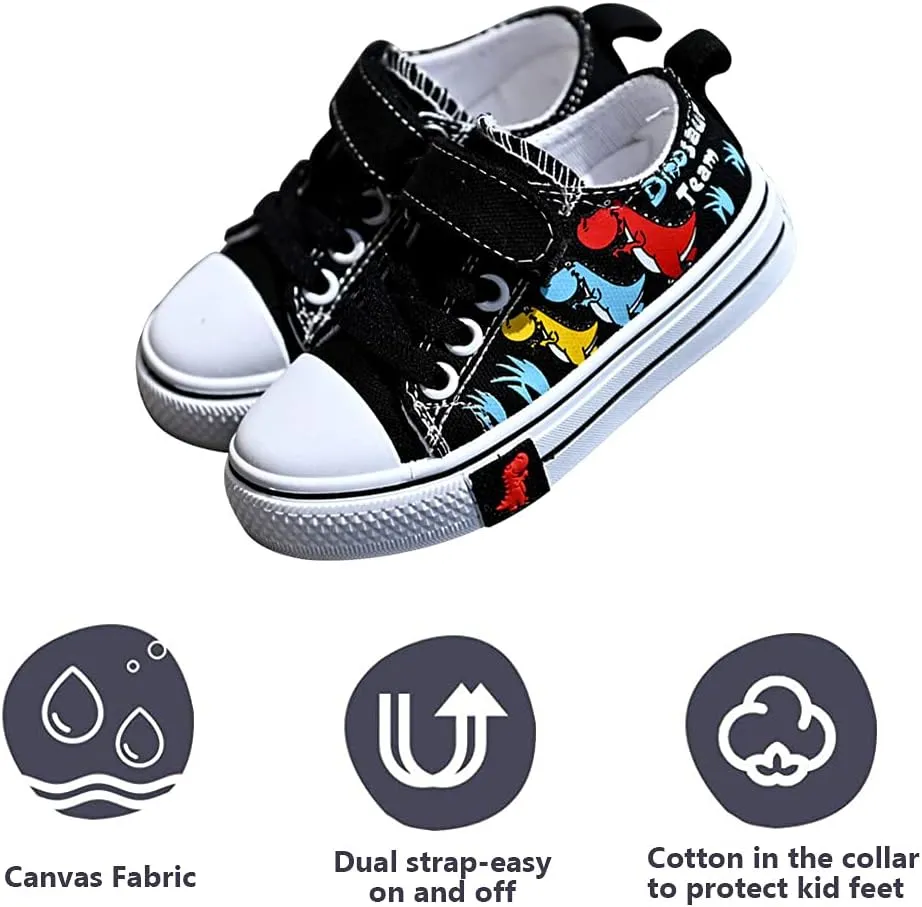 Toddler Boys Girls Slip On Canvas Sneakers Cartoon Dinasour Printed Little Kid Unisex Adjustable Strap Walking Shoes Lazy Shoes with Hook and Loops