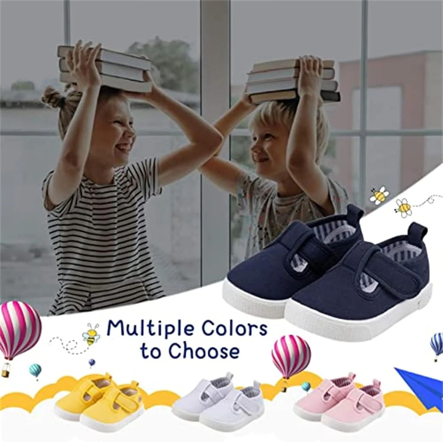 Toddler Boys Girls T-Strap Canvas Sneakers for Little Kids Classical Comfortable Mary Jane Canvas Flats, Non-Slip Casual Canvas Sneaker for Little Kids