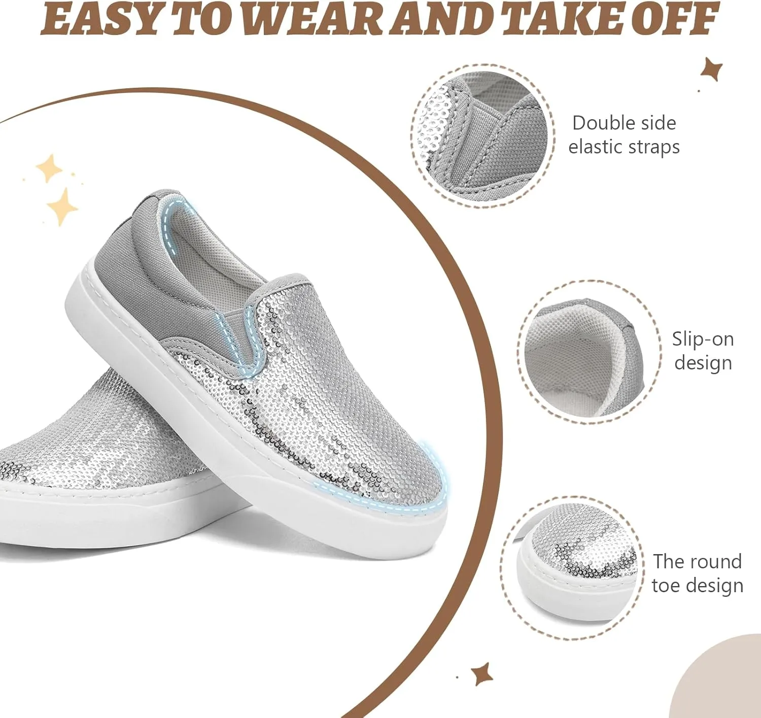 Toddler Girls and Boys Sneakers Canvas Low Top Slip On Casual Sparkle Sequins Walking/Running Shoes