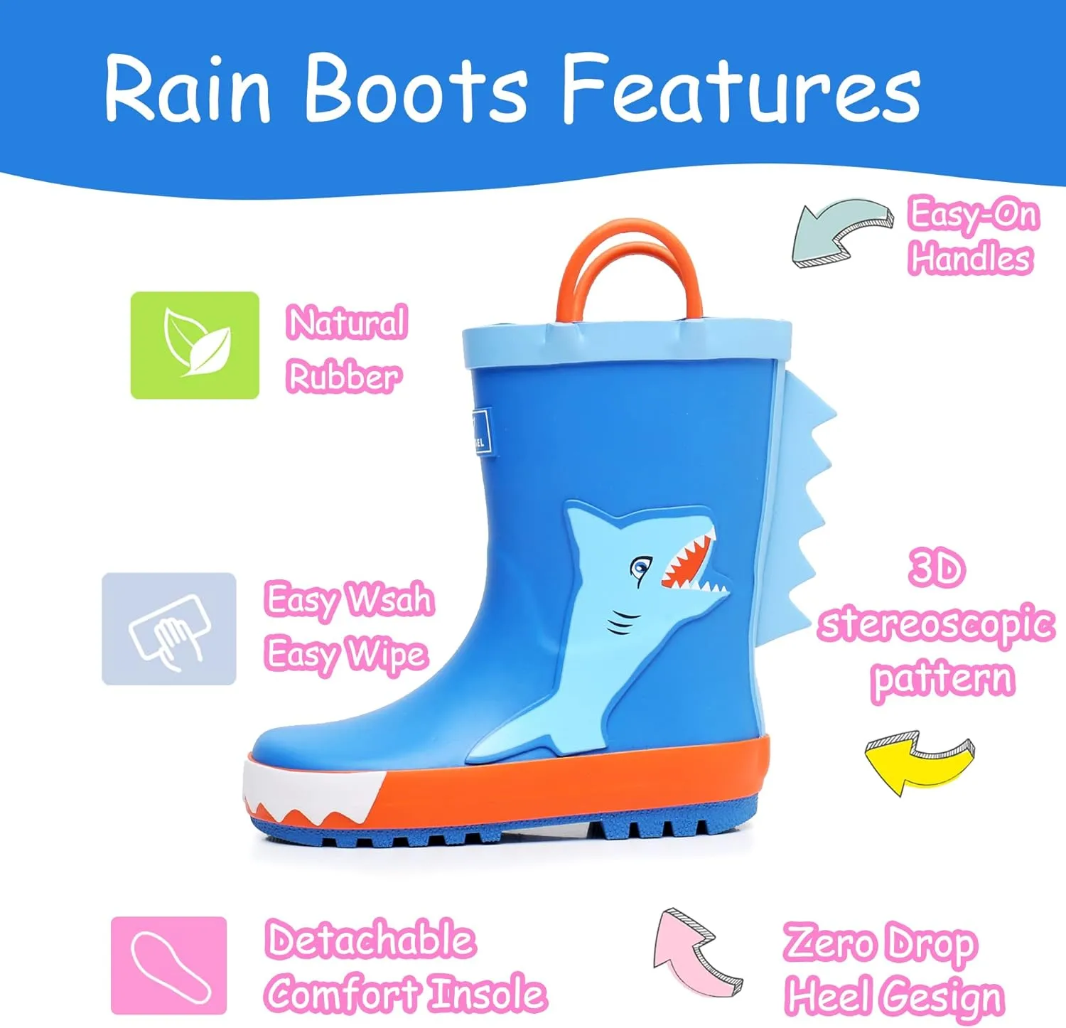 Toddler Rain Boots with Easy-On Handles, Waterproof Rubber Kids Rain Boots for Girls and Boys, in Fun Printed & Colors Unisex-Child Outdoor Rain Boots