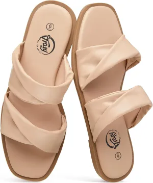 Trary Sandals Women,Leather Slides Women Comfortable Memory Foam Sandals for Women Footwear,Fashion Flat Summer Sandals for Women 2025