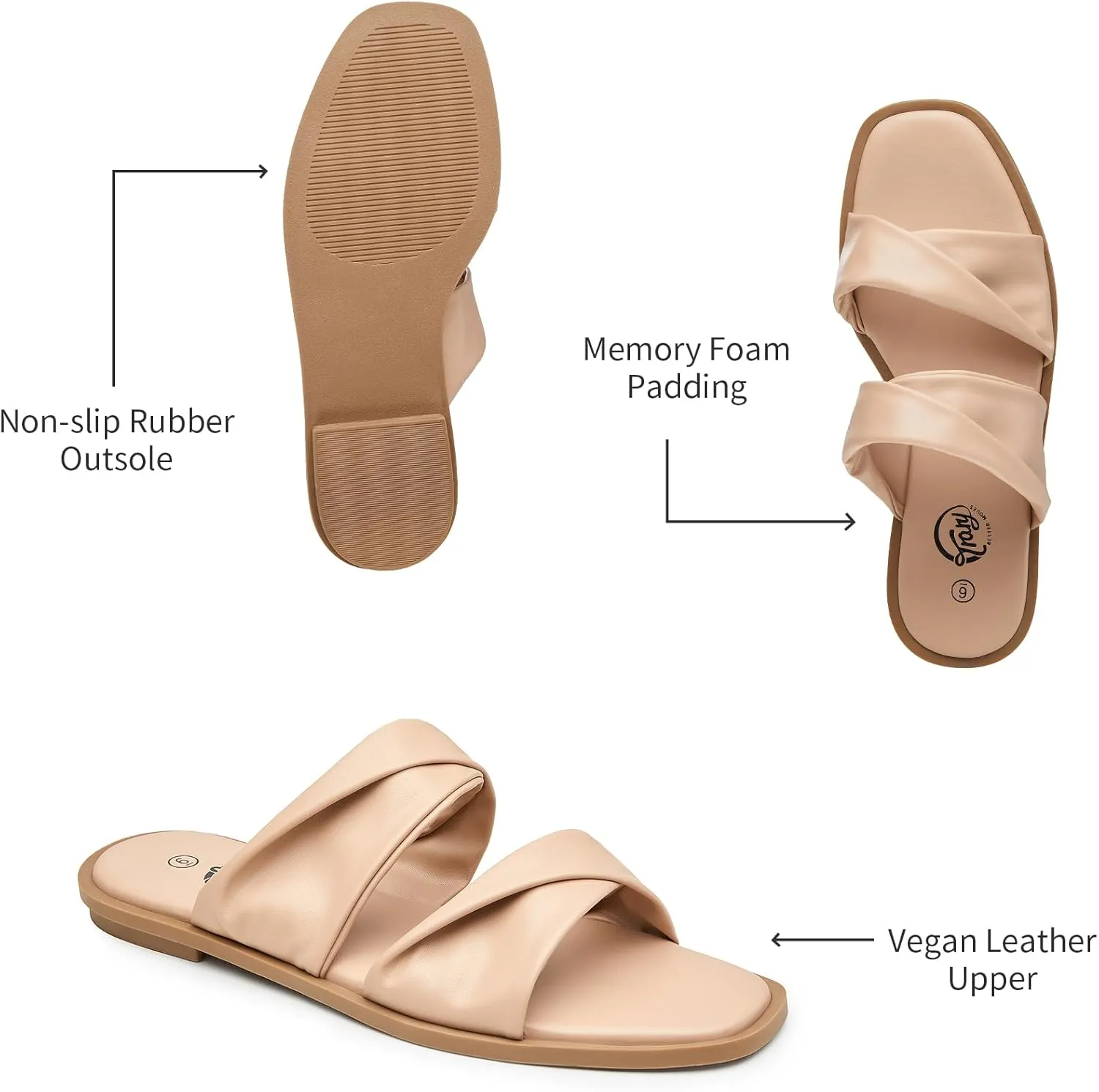 Trary Sandals Women,Leather Slides Women Comfortable Memory Foam Sandals for Women Footwear,Fashion Flat Summer Sandals for Women 2025