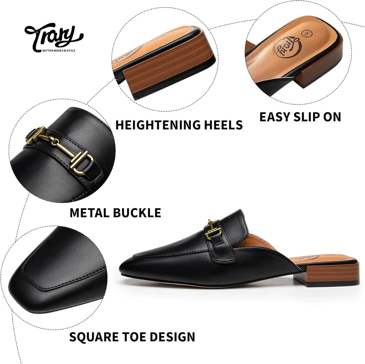 Trary Women's Mules & Loafers, Black Square Toe Mules, Classic Dressy & Casual Comfortable Shoes