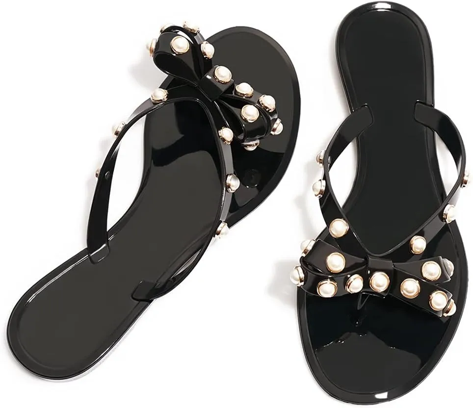 TYFLOVE Women Rivet Flip Flops Studded Jelly Thong Sandals with Bow Summer Bowtie Flat Beach Rain Shoes