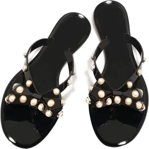 TYFLOVE Women Rivet Flip Flops Studded Jelly Thong Sandals with Bow Summer Bowtie Flat Beach Rain Shoes