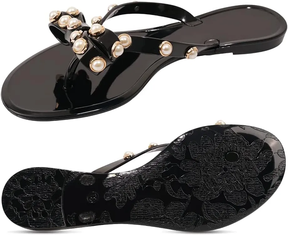 TYFLOVE Women Rivet Flip Flops Studded Jelly Thong Sandals with Bow Summer Bowtie Flat Beach Rain Shoes
